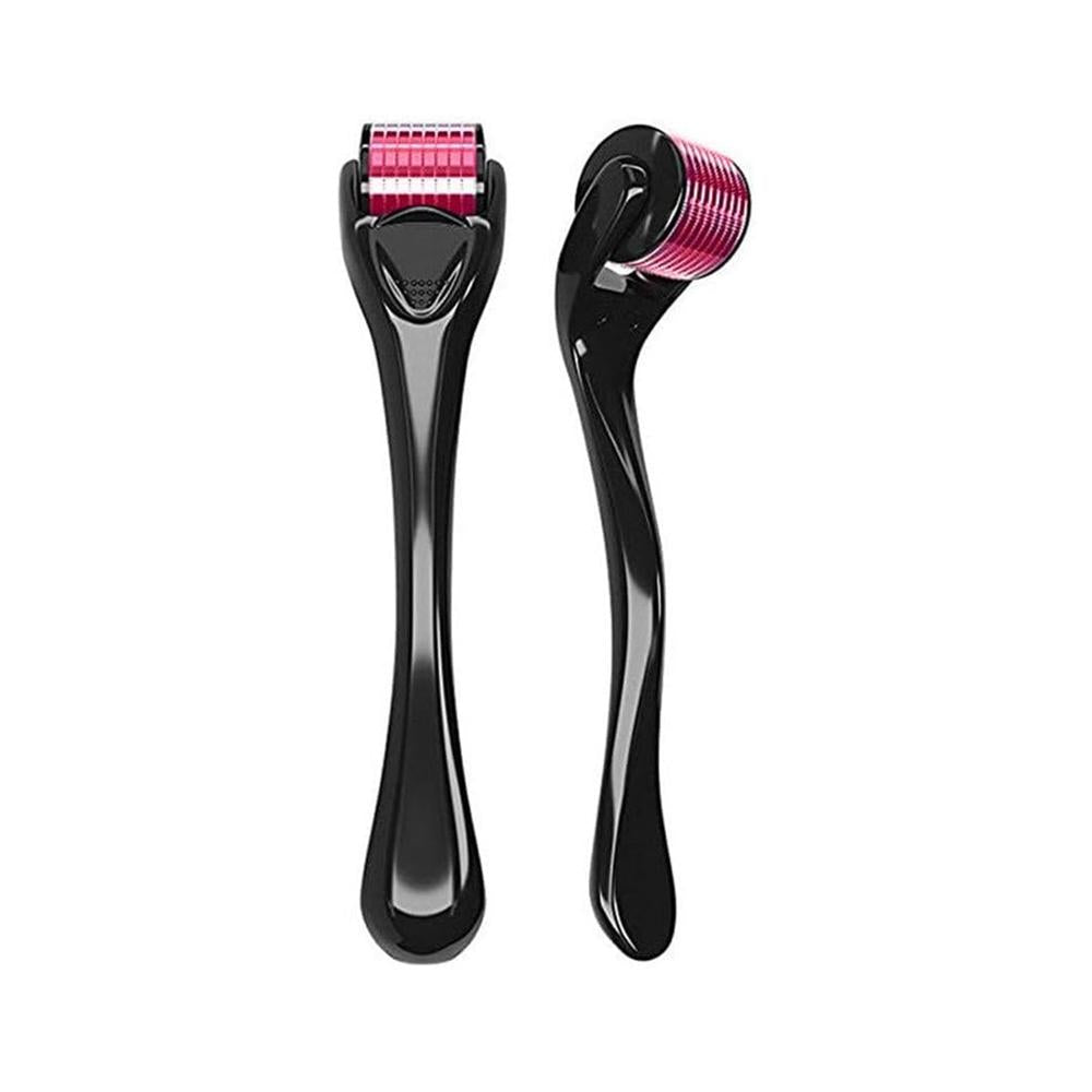 Black microneedling roller with pink stainless steel needle head, two angles