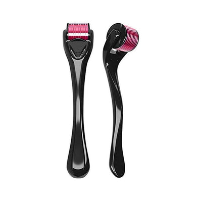 Black microneedling roller with pink stainless steel needle head, two angles