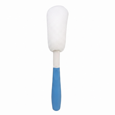 Front view of curved back brush with blue handle