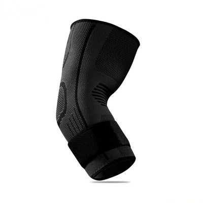 Black knit elbow compression sleeve with adjustable strap