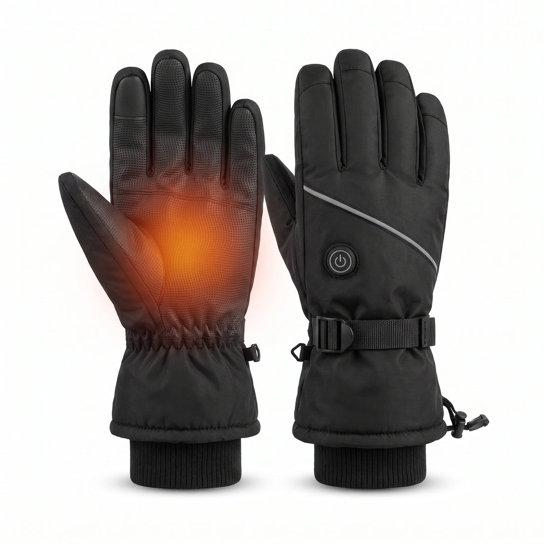 Pair of black heated winter gloves front and back view