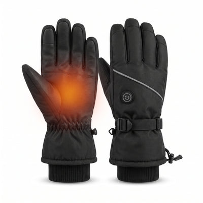 Pair of black heated winter gloves front and back view