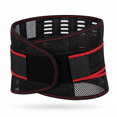 Black mesh lumbar back support belt floating three-quarter view