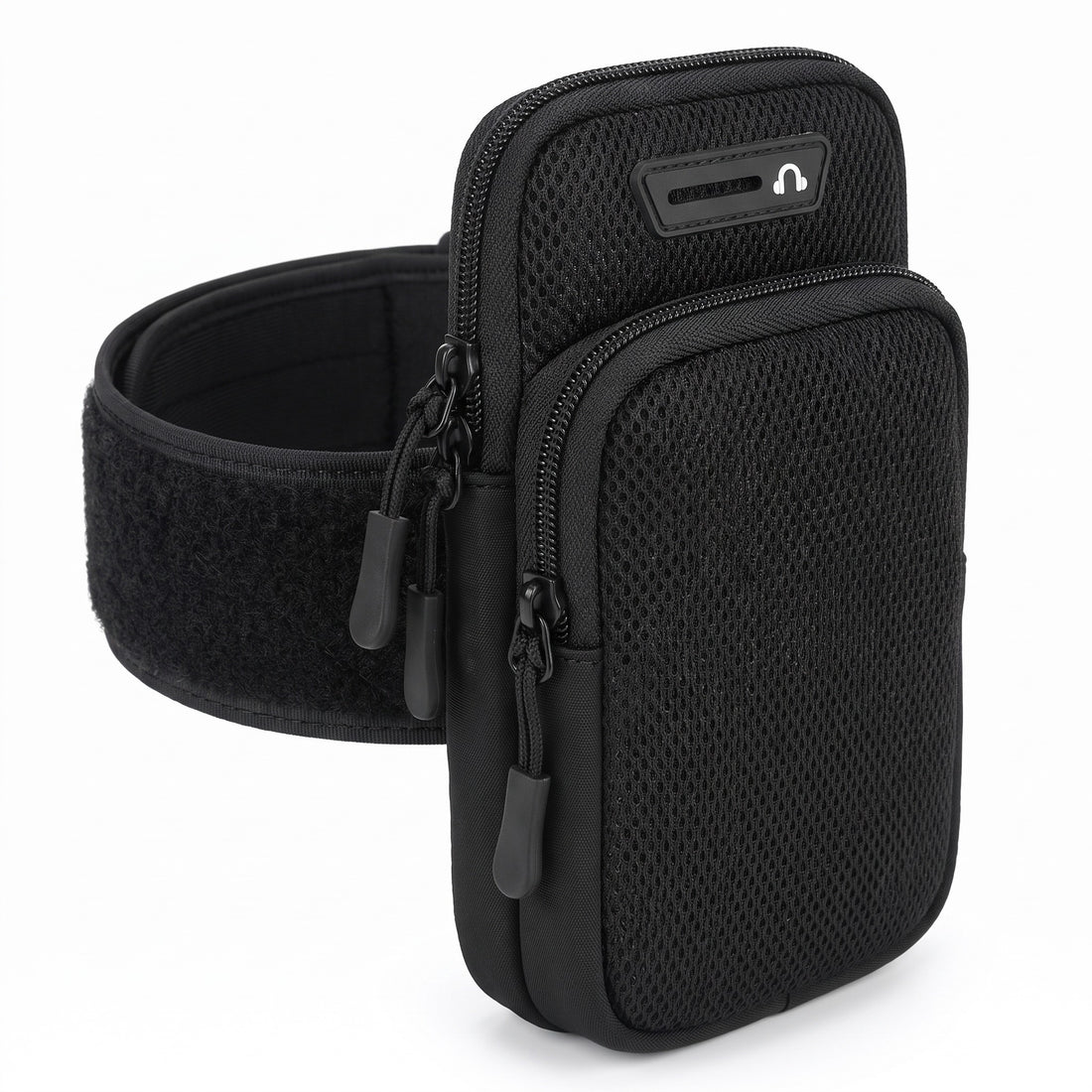 Black sports armband phone holder front view on white background