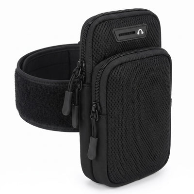 Black sports armband phone holder front view on white background