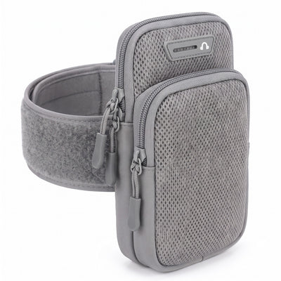 Gray sports armband phone holder front view on white background
