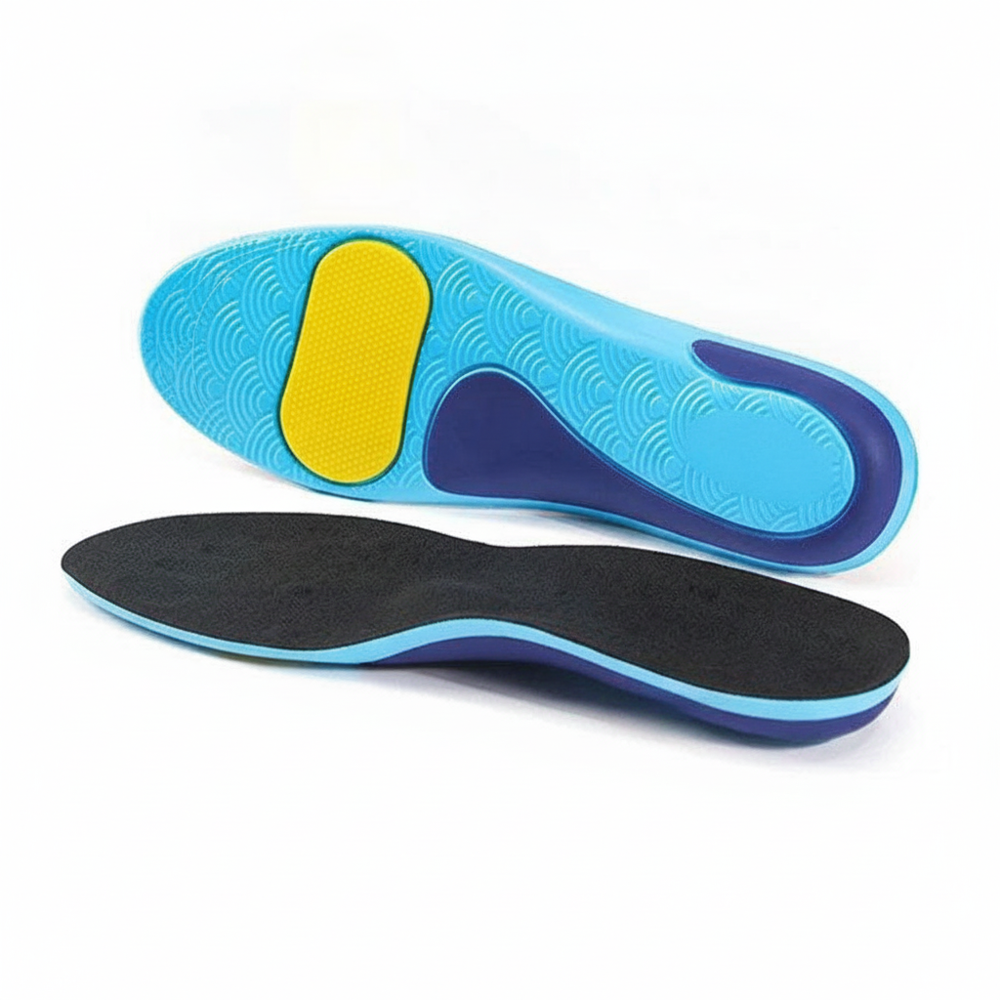 Pair of blue gel arch support insoles top and bottom view