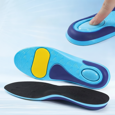 Finger pressing the soft gel heel cushion pad
