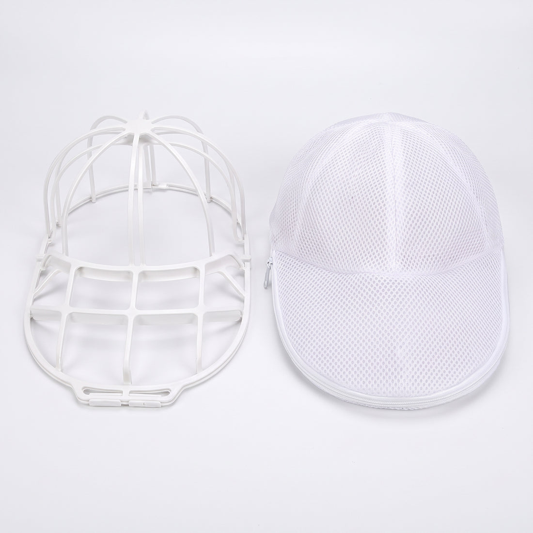 Cap washer frame and mesh bag shown side by side