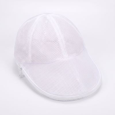 Zipped white mesh cap washing bag standing upright