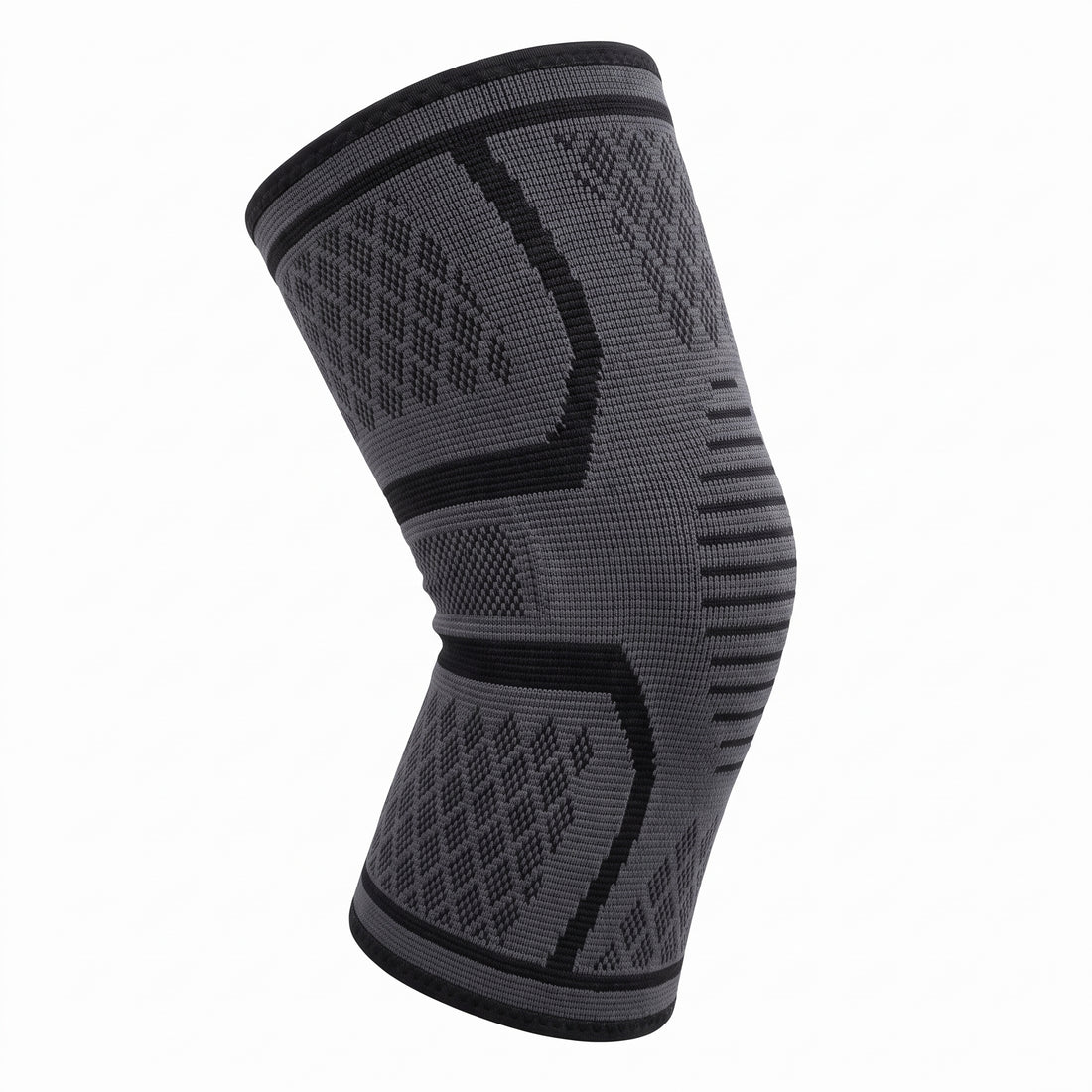 Gray compression knee sleeve shown at three-quarter angle