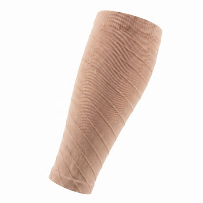 Beige nude compression calf sleeve on white background