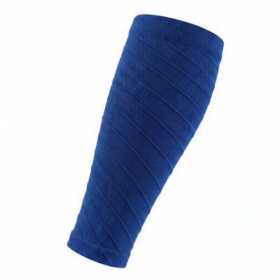 Blue ribbed compression calf sleeve on white background