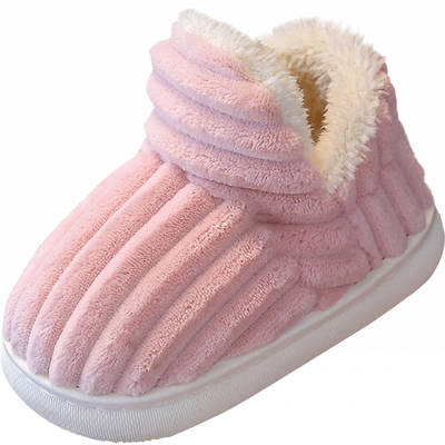 Pink fleece-lined kids winter slipper on white background