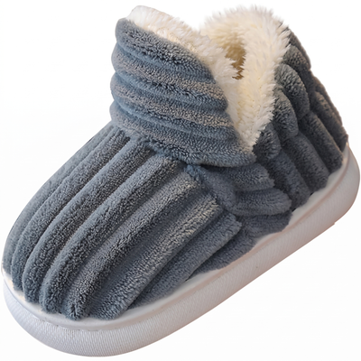Gray fleece-lined kids winter slipper on white background