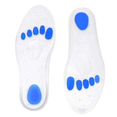 Pair of transparent silicone gel insoles with blue heel and forefoot pads
