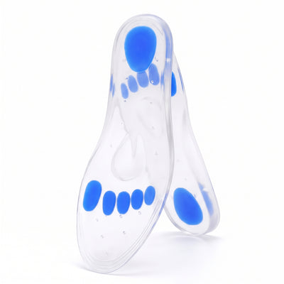 Single silicone gel insole standing upright showing blue cushioning zones