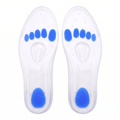 Top-down view of a matched pair of gel insoles with blue pads