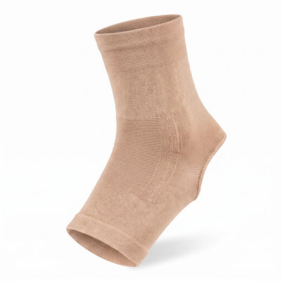 Beige elastic ankle compression sleeve on white background