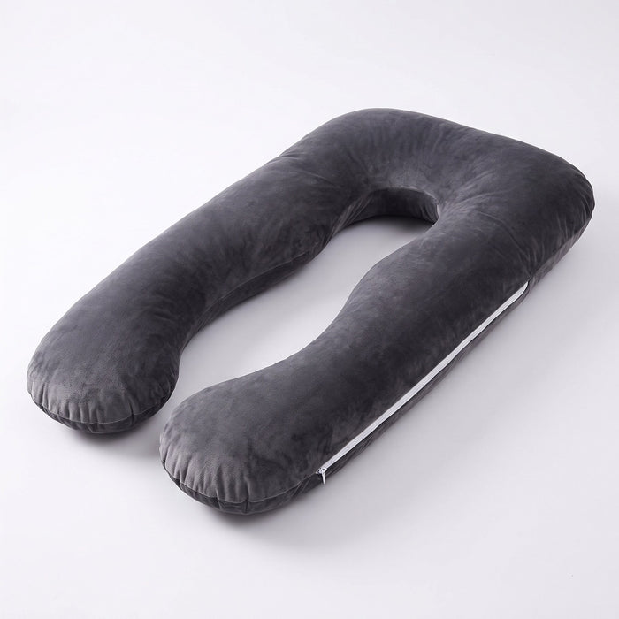 Dark grey U-shaped pregnancy pillow on white background