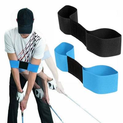 Teal and black golf swing arm bands with golfer in mid-swing stance