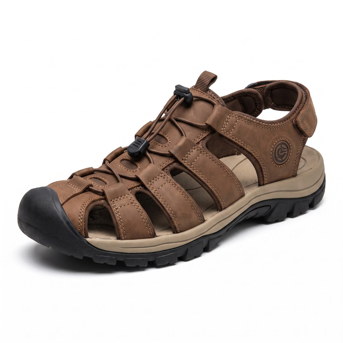 Brown covered-toe hiking sandal three-quarter view