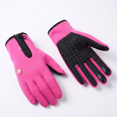 Pink touchscreen winter gloves front and back view on white background