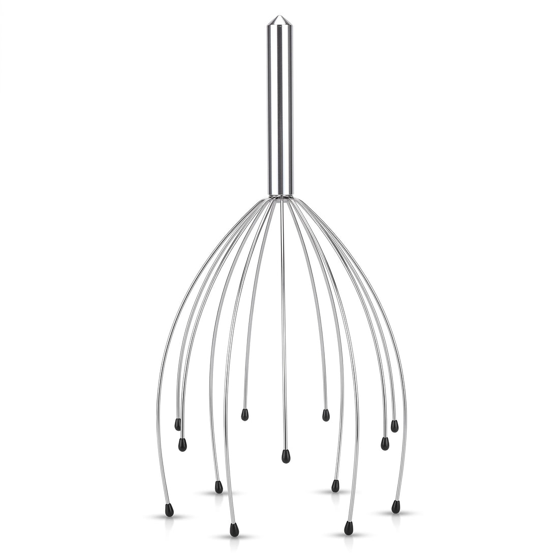 Chrome wire head scalp massager standing upright on white background