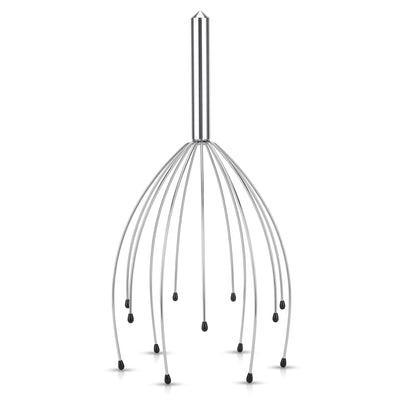 Chrome wire head scalp massager standing upright on white background
