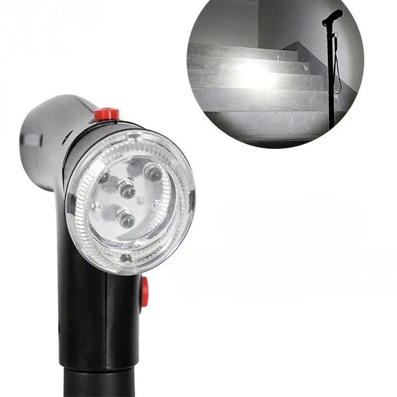 Cane handle LED light illuminating a dark staircase