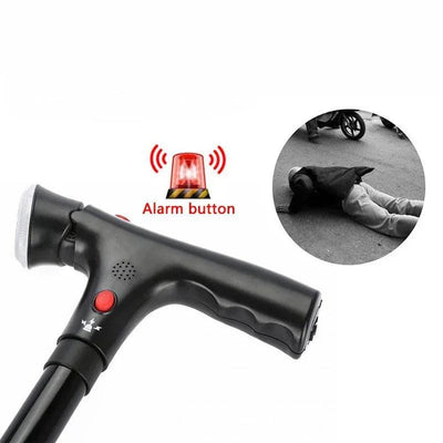 Cane handle showing built-in red alarm button