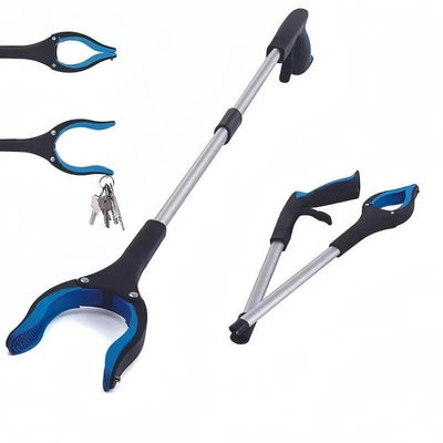 Reacher tool shown extended and folded compact for storage
