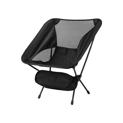 Black folding camping chair with mesh backrest on white background