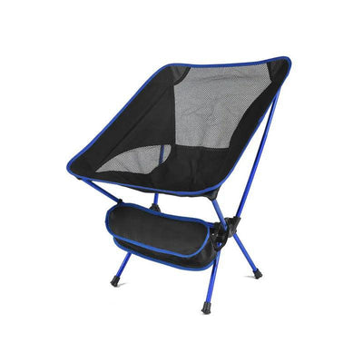Blue folding camping chair with aluminum frame on white background