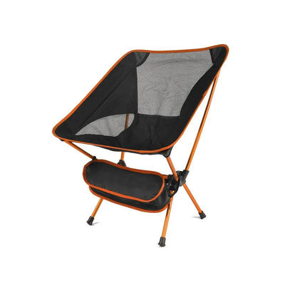 Orange folding camping chair with storage pouch on white background