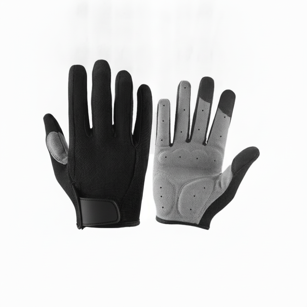 Gray and black cycling glove pair, back and palm view