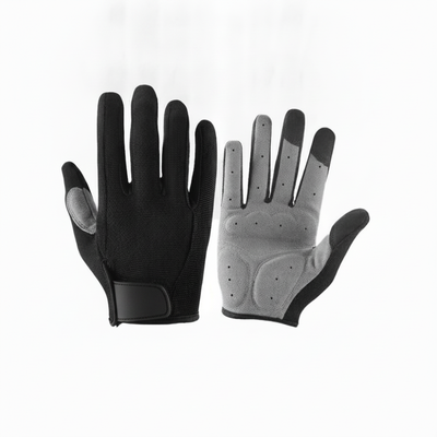 Gray and black cycling glove pair, back and palm view