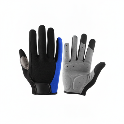 Blue and black cycling glove pair, back and palm view