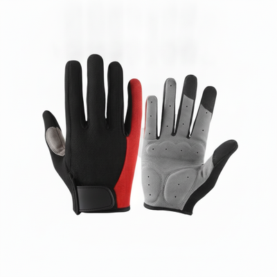 Red and black cycling glove pair, back and palm view