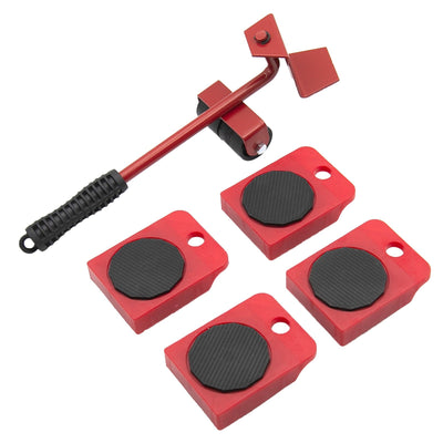 Red furniture lifter with roller wheel and four glide pads