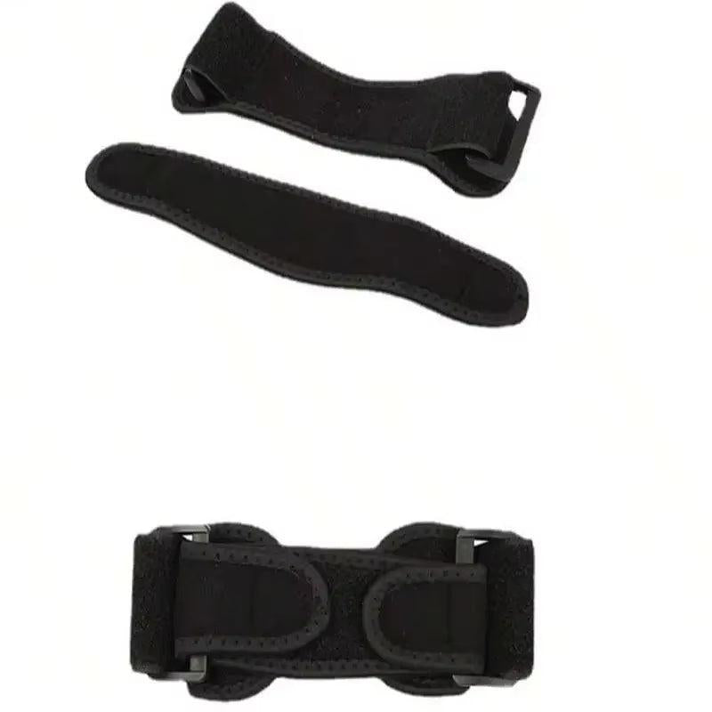Black knee strap components laid out flat
