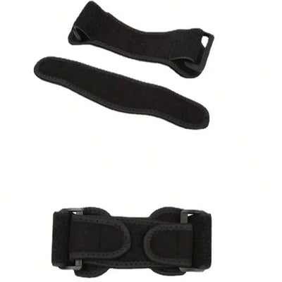 Black knee strap components laid out flat