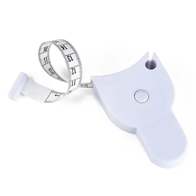 White automatic tape measure with tape coiled beside housing