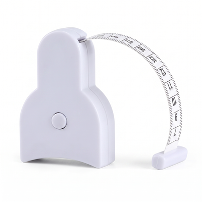 White plastic body tape measure with tape extended in an arc