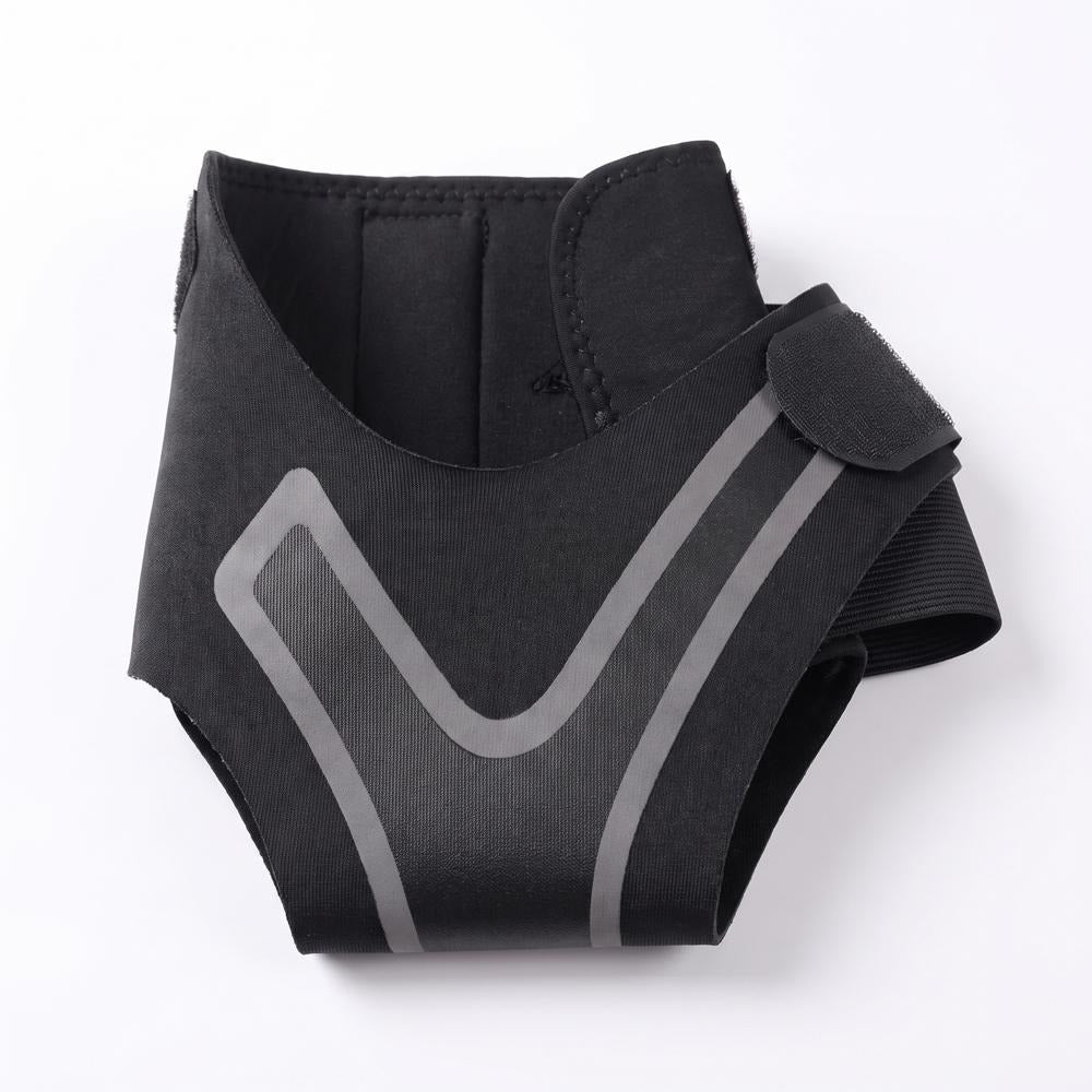 Black elastic ankle support flat lay showing V-pattern and velcro strap