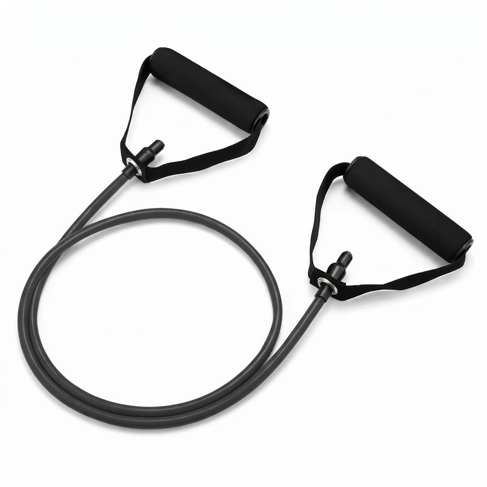 Black resistance band with foam handles on white background