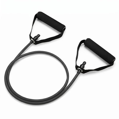 Black resistance band with foam handles on white background