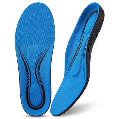 Pair of blue arch support insoles, top and side view on white background