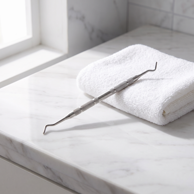 Ingrown toenail tool on marble bathroom counter next to white towel