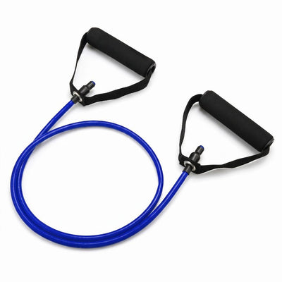 Blue resistance band with foam handles on white background